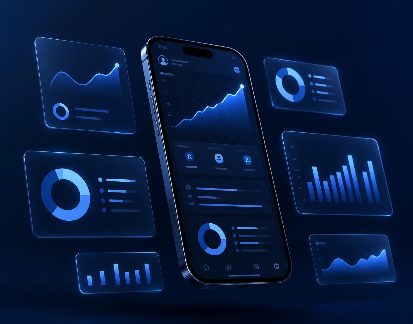 Campaign performance dashboard on a smartphone with floating analytics cards